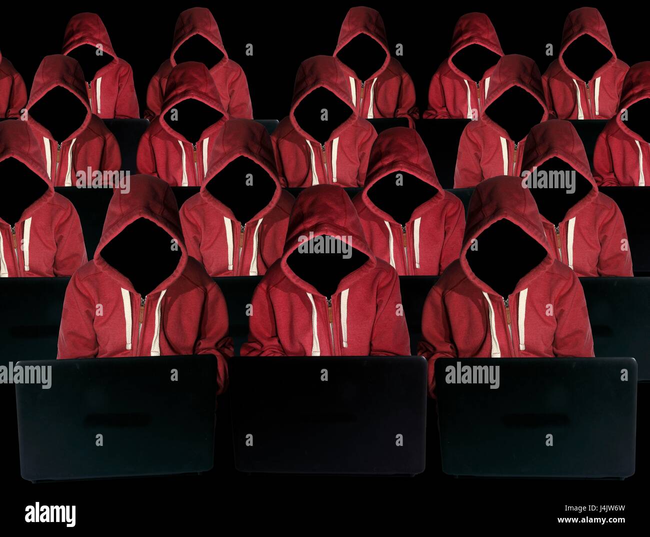Hooded figures hacking laptop computers, illustration. Stock Photo