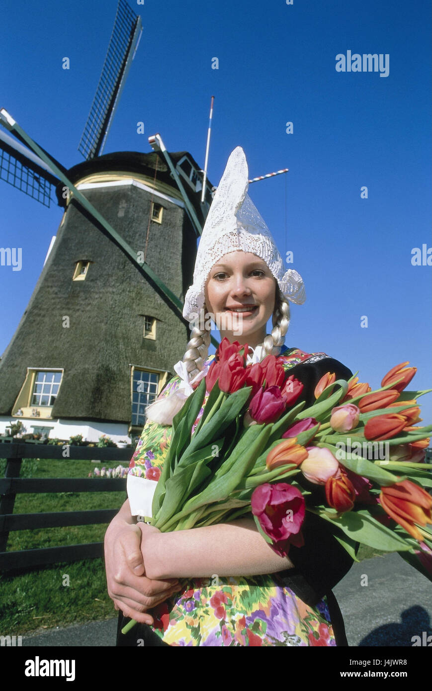 The Netherlands, scenery, windmill, woman, national costume, tulips ...