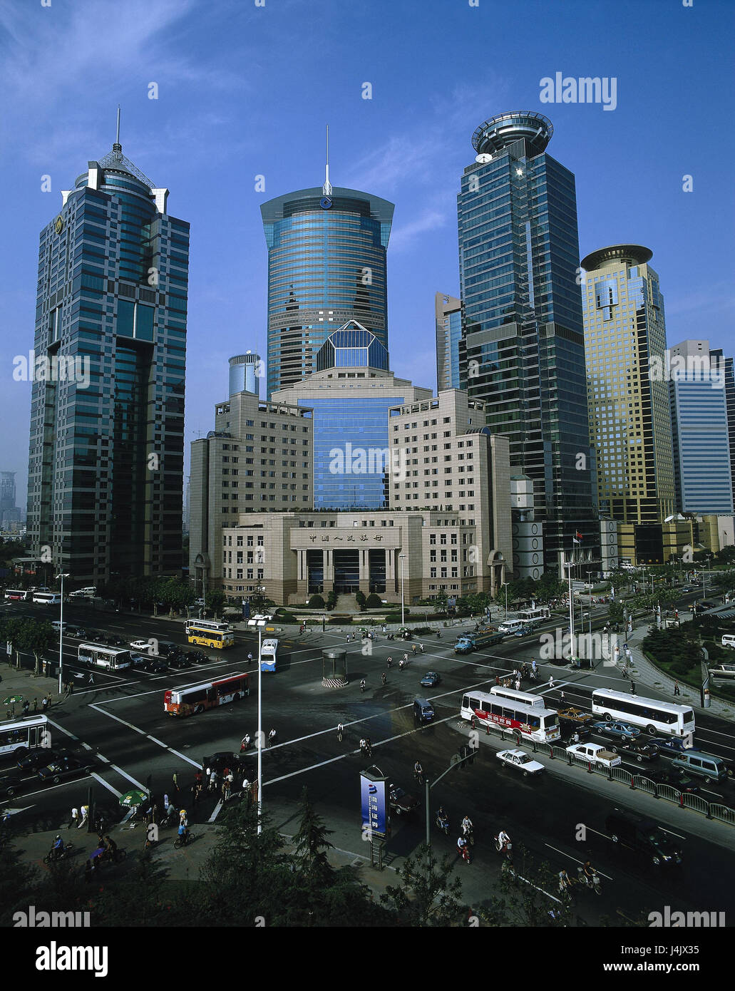 China, Shanghai, Pudong, town view, Pudong Nanlu avenue, high rises Asia, Eastern China, Shanghai, economic centre, Yangzi metropolis, 'goal to the west', commercial centre, industrial centre, structure, architecture, office building, high-rise office blocks Stock Photo