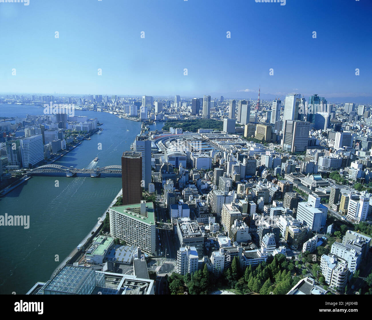 Japan, Tokyo, town overview, Sumida Gawa outside, Asia, Tokyo, town, Honshu, capital, city, metropolis, houses, high rises, river, overview Stock Photo