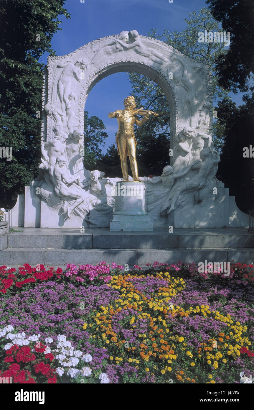 Austria, Vienna, town park, Johann Strauss monument Europe, town, capital, Johann Strauss's monument, monument, Johann Strauss, composer, waltz king, in 1825-1899, statue, gilds, place of interest, art, sculpture, culture, street of the emperors and kings, flowers, flowerbed Stock Photo