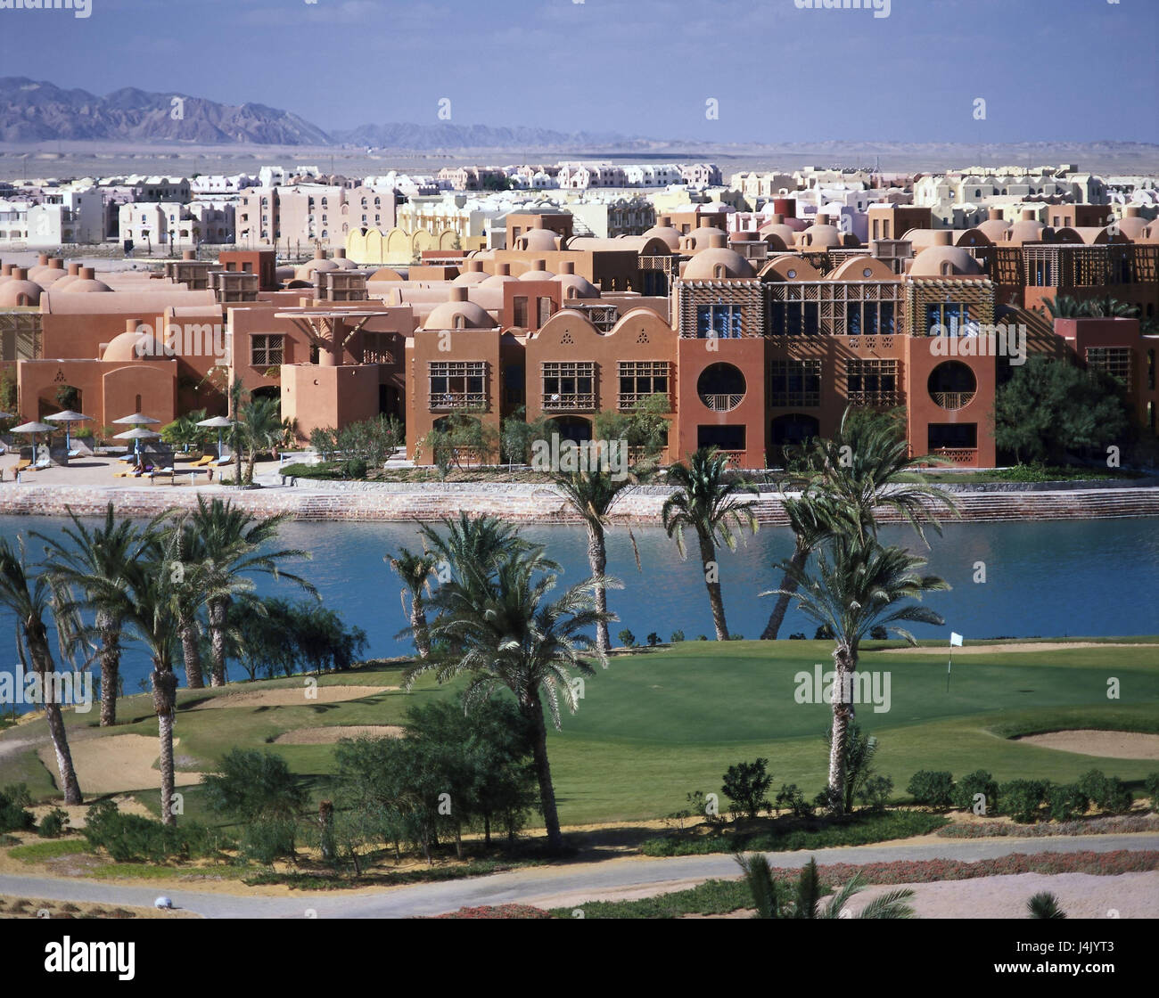 Egypt, Hurghada, the Red Sea, hotel facilities, overview, golf course outside, holiday's attachments, hotel, sea, vacation, region el Gouna, Steigenberger Golf Resort, palms, overview Stock Photo