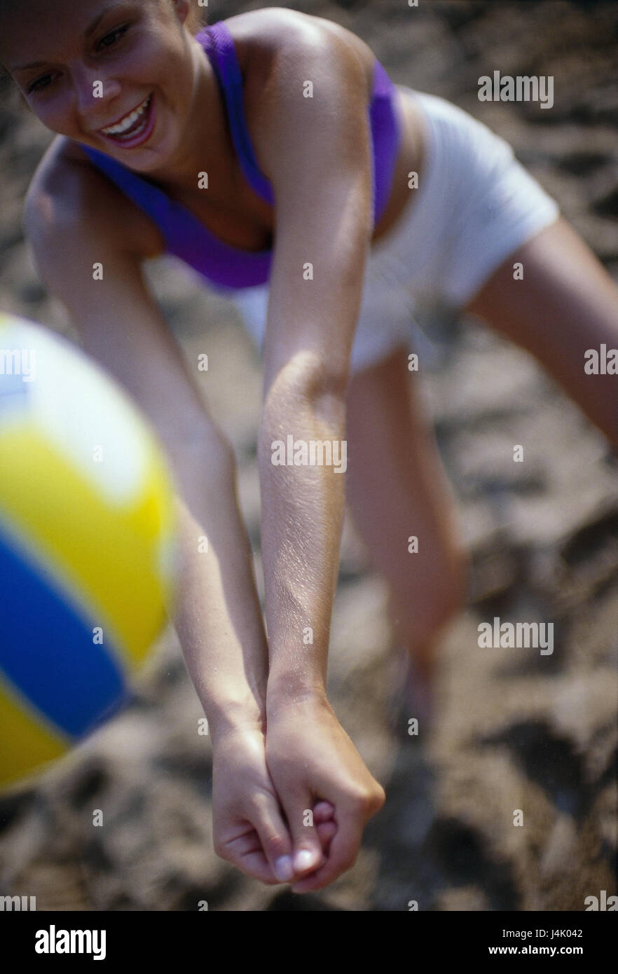 Beach, woman, volleyball, ball, accept, from above, blur very closely, sandy beach, summer, vacation, leisure time, lifestyle, young, sport, sportily, actively, activity, game, volleyball, Beachvolleyball, fitness, fit, motion, excavate Stock Photo