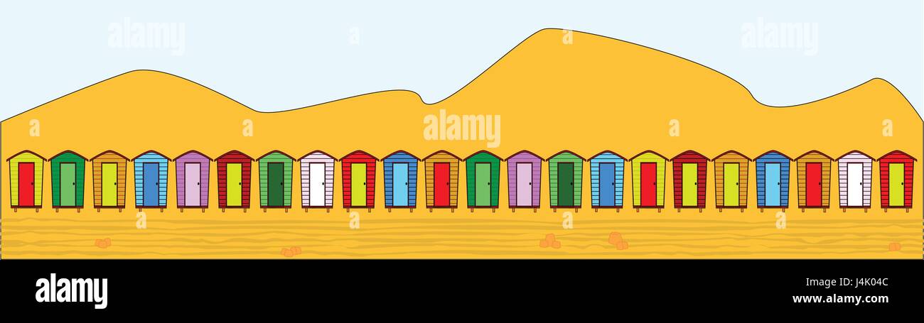 A row of multi coloured beach huts over a beach with sand dunes Stock Vector