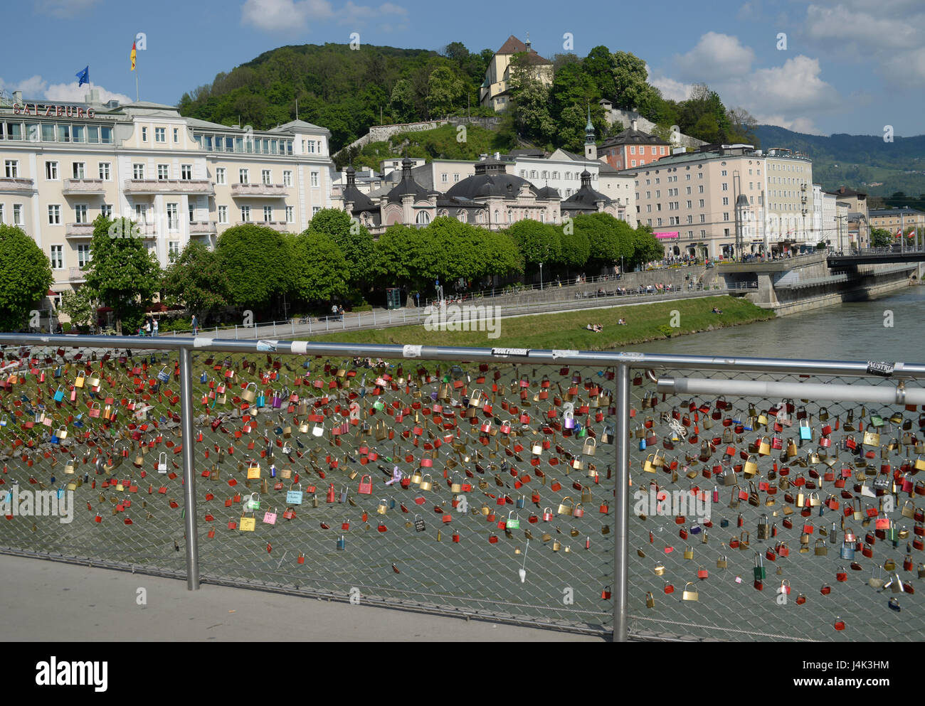 Padlocks on the footbridge "Mozartsteg", Salzburg, Austria Stock Photo