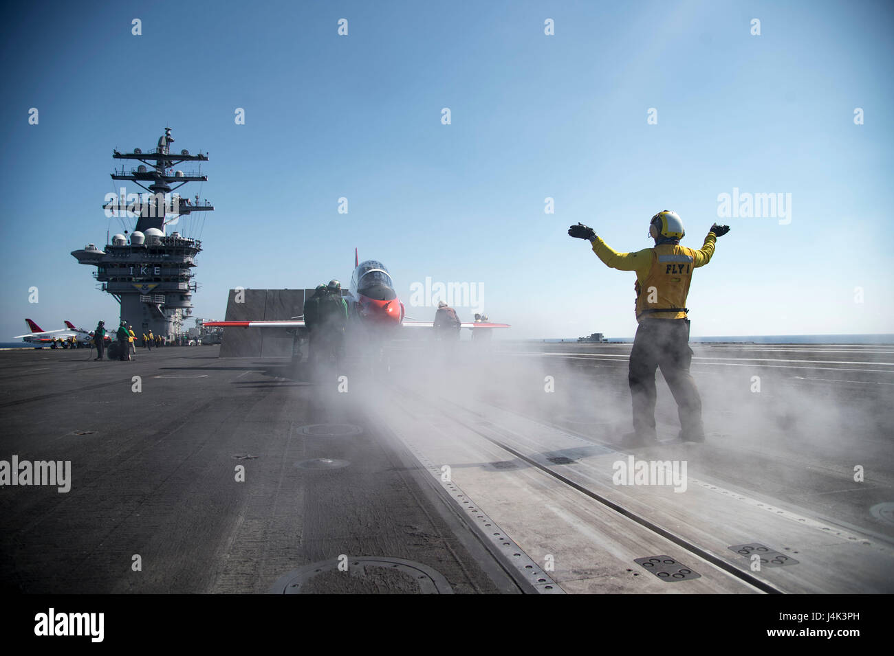 170209-N-OS569-403 ATLANTIC OCEAN (Feb. 9, 2017) A T-45C Goshawk training aircraft assigned to Carrier Training Wing (CTW) 2 taxis onto the catapult aboard the aircraft carrier USS Dwight D. Eisenhower (CVN 69). The ship is conducting aircraft carrier qualifications during the sustainment phase of the Optimized Fleet Response Plan. (U.S. Navy photo by Mass Communication Specialist Seaman Zach Sleeper/Released) Stock Photo