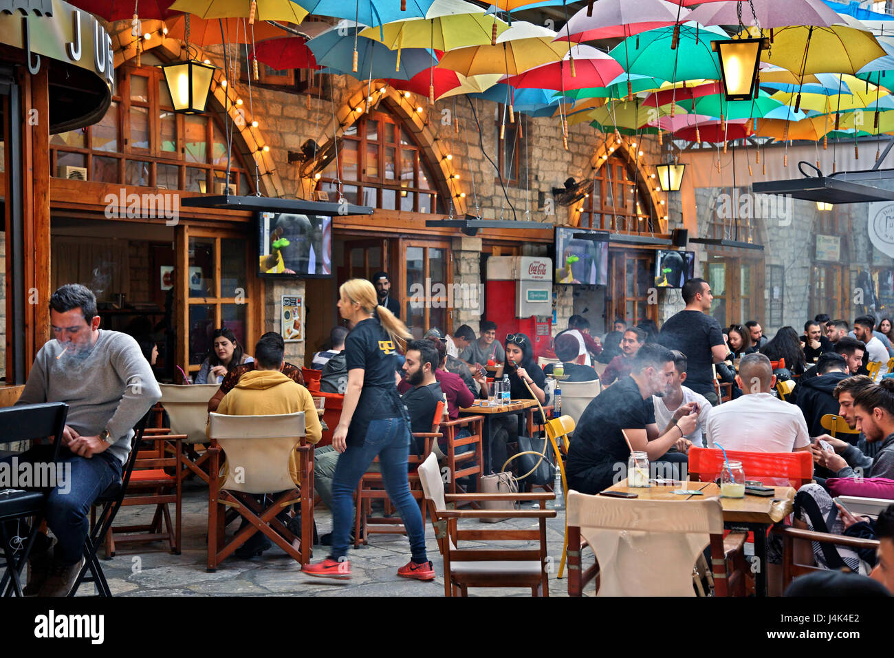 Colorful and 'waterproof' café ('Juego') in the old town of Lemessos (Limassol), Cyprus. Stock Photo