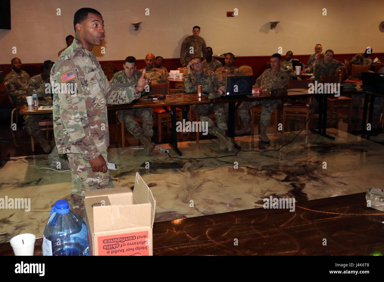 1st Sgt. Jovanny Jones of  B Troop, 6th Squadron, 8th Cavalry Regiment, 2nd Infantry Brigade Combat Team, 3rd Infantry Division, teaches a class about the Army Career Tracker during Mustang university, April 24, 2017, at Fort Stewart, Ga. Mustang University comprised of several training topics designed for Soldiers physical readiness and professional development. (U.S. Army photo by Sgt. John Onuoha / Released) Stock Photo