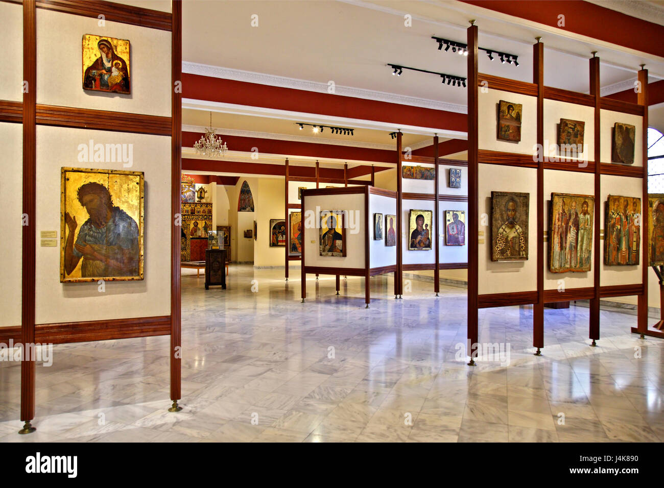 Impressive byzantine icons in the Byzantine Museum (within the Archbishopric), Nikosia (Lefkosia), Cyprus. Stock Photo