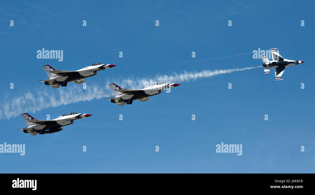 Wings over Solano” Air Show at Travis Air Force Base, California, showcased  aerial performances by the USAF Thunderbirds, U.S. Army Golden Knights  parachute team, flyovers, and static displays over two days Stock