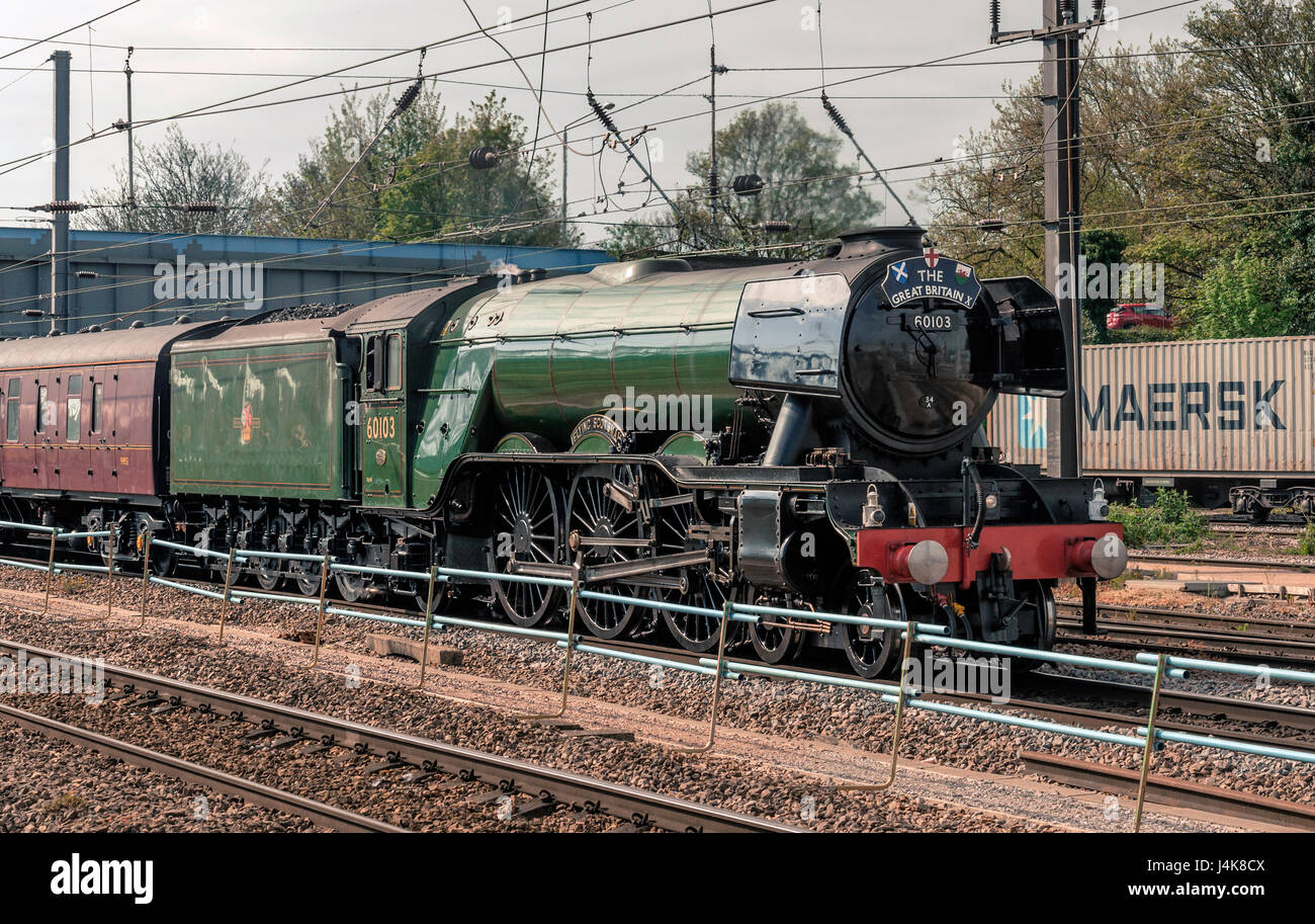 The Flying Scotsman steam train at Peterborough Station. Stock Photo