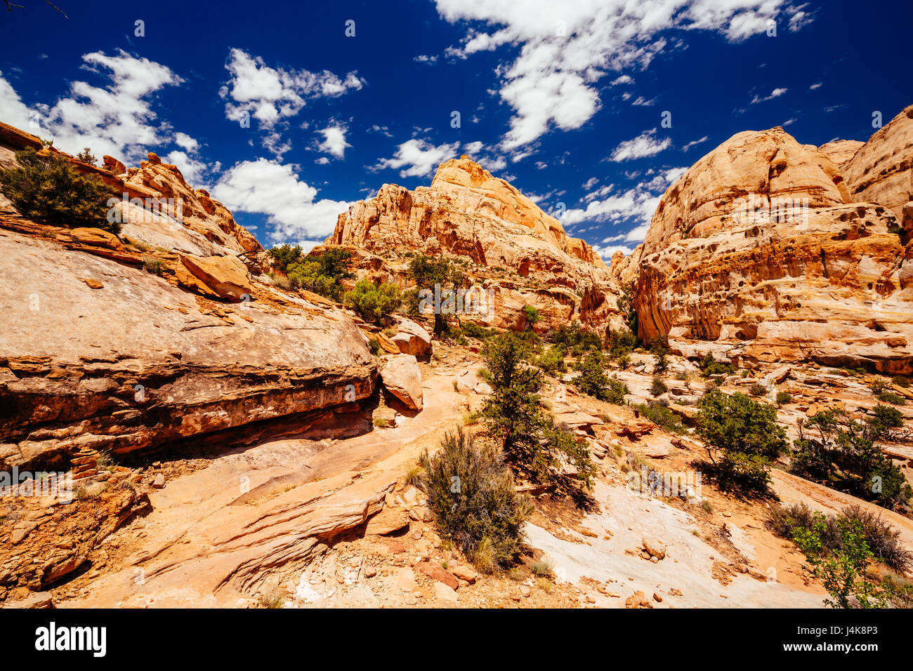 The trail to Hickman Bridge is Capitol Reef National Parks most popular hike and features fantastic views of the Waterpocket Fold and the majestic nat Stock Photo