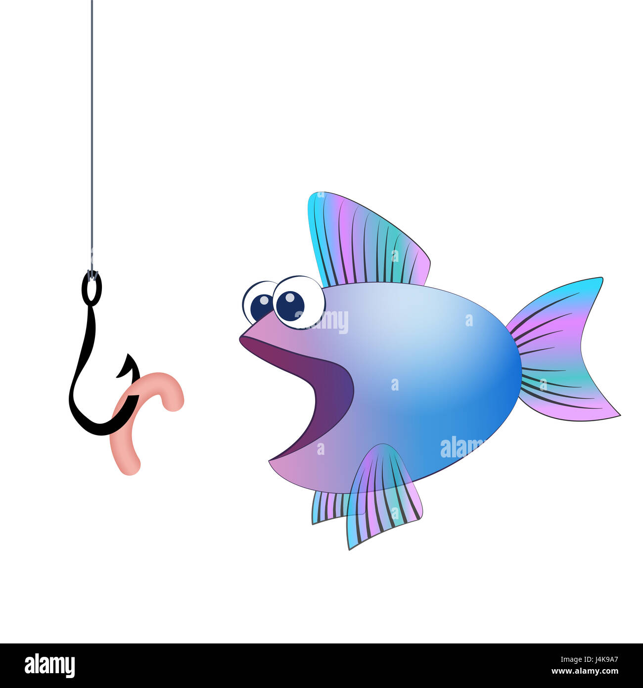 Fish hook with angling worm and a hungry fish - comic illustration on white background. Stock Photo