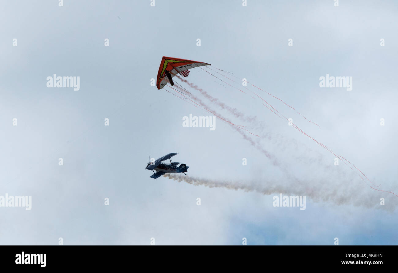 The Wings over Solano Air Show at Travis Air Force Base, California,  features aerial performances by the USAF Thunderbirds, parachute  demonstrations by the U.S. Army Golden Knights, flyovers, and static  aircraft displays