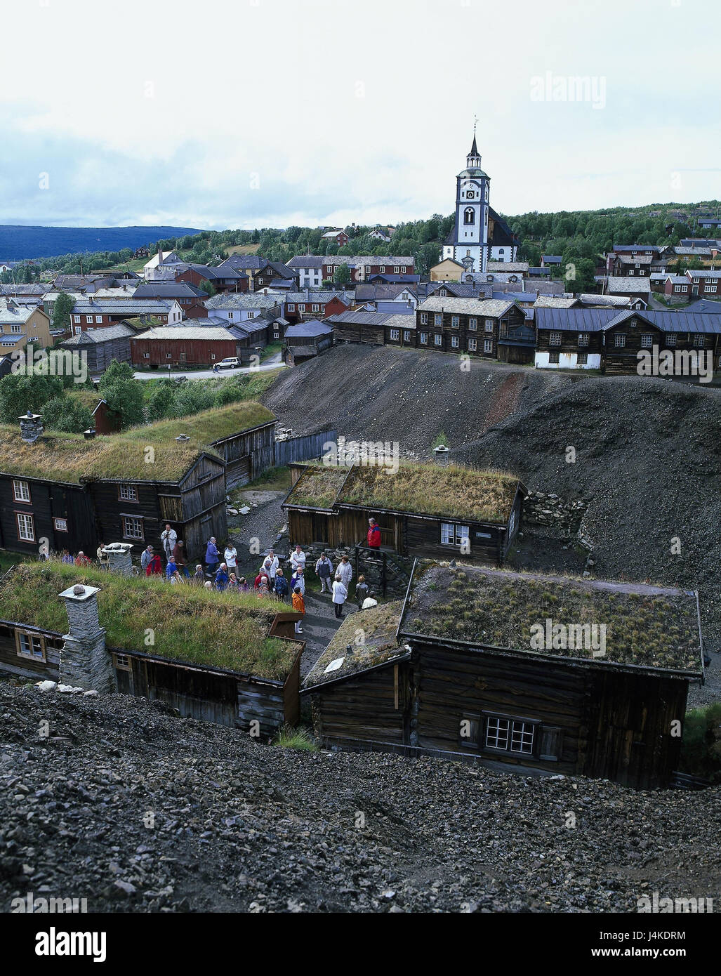 Norway, Röros, town view outside, Scandinavia, Mittelnorwegen, province of Sör-Tröndelag, Österdal, town, historically, copper mining, copper production, mining, copper ore mining, Old Town, church, timber-frame constructions, timber houses, UNESCO-world cultural heritage, place of interest Stock Photo