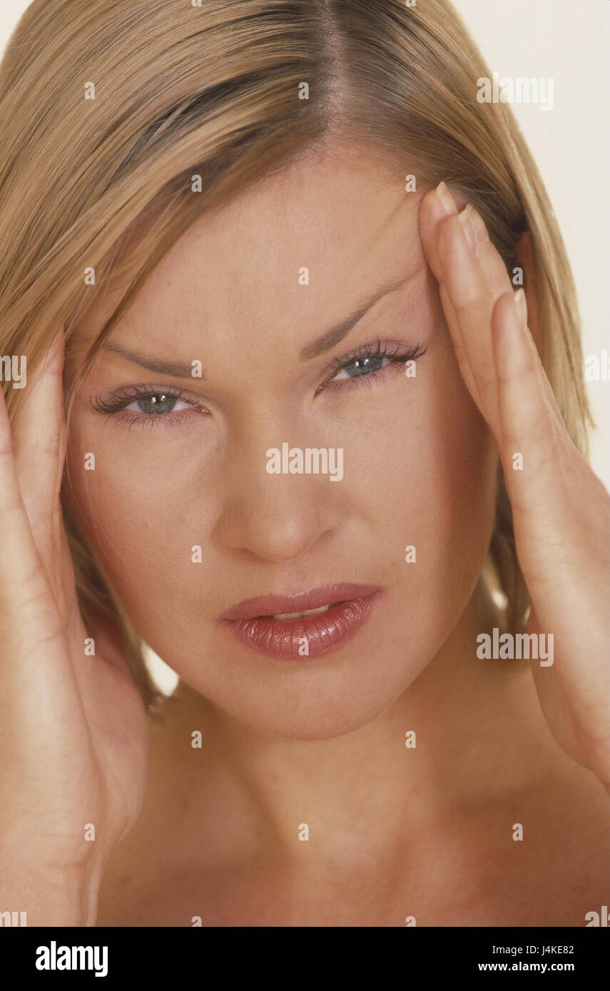 Woman, gesture, cephalalgias eyes openly, a headache, migraine, pains