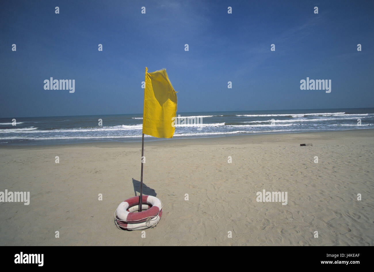 Vietnam, Hoi In, sandy beach, flag, lifebelts South-East Asia, central Vietnam, province of Quang Nam, port, beach, Sand, rescue tyre, emergency, help, rescue, life rescue, security, attention, tip, deserted, width, distance Stock Photo