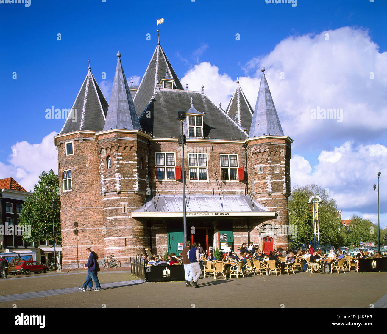 The Netherlands, Amsterdam, Waaggebouw, street bar 'Waag' Europe, Holland, Nordholland, town, Nieuwmarkt, formerly Sint Antoniespoort, structure, building, 'scales', medievally, architecture, place of interest, restaurant, restaurant, gastronomy, street cafe, cafe, Oranier route Stock Photo