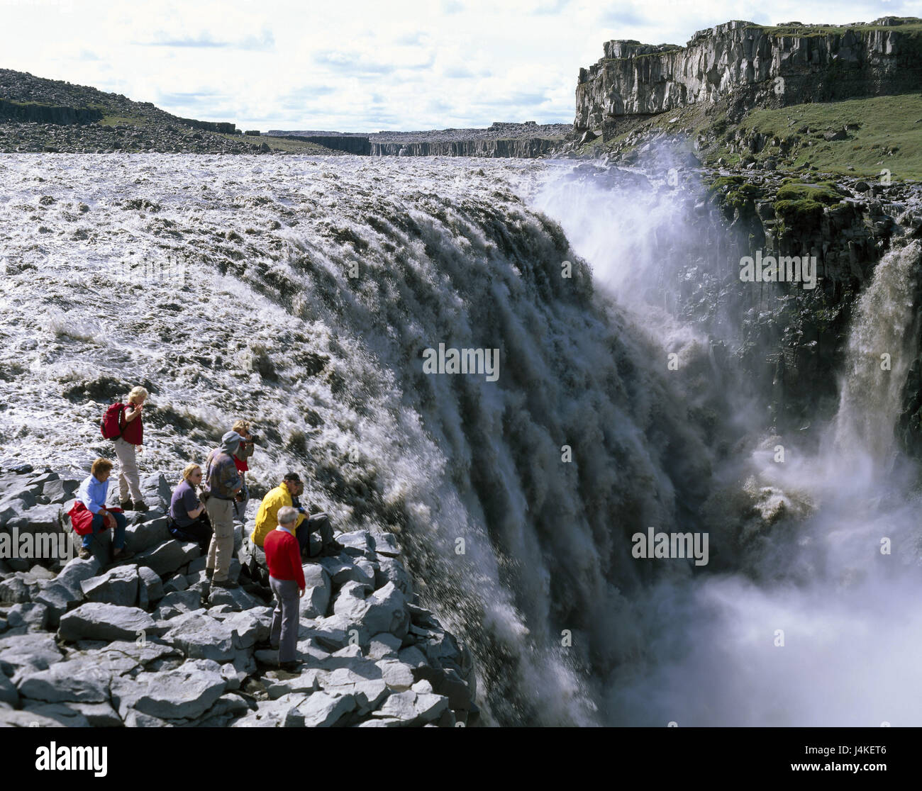 Iceland, Jökulsargljufur national park, Dettifoss, lookout, tourist Europe, island, Iceland, north-east, flux Jökulsa A Fjöllum, glacier flux, waters, gulch, abyss, nature, nature power, spectacle of nature, place of interest, tourism, Stock Photo