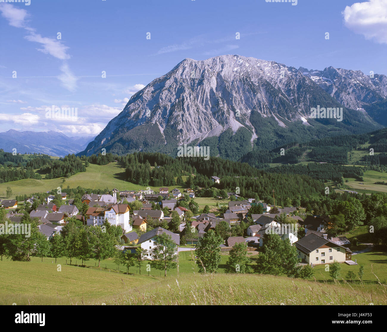 Austria, Styria, Tauplitz, local view, background, Grimming Europe, Südostösterreich, foothills of the Alps, place, place, valley, mountain, mountains, 2351 m high, view, Stock Photo