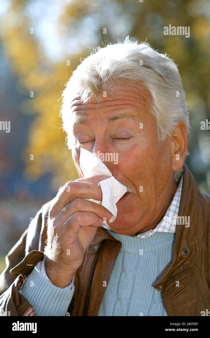 Boss, paper tissue, sneeze, clean portrait, autumn man, 60-70 years, white haired, handkerchief, cold, coryza, nose, ill, grip, disease, catches cold, to walrus moustaches, with a cold, virus, infection, nasal cleaning, expression, lifestyle, autumnally Stock Photo