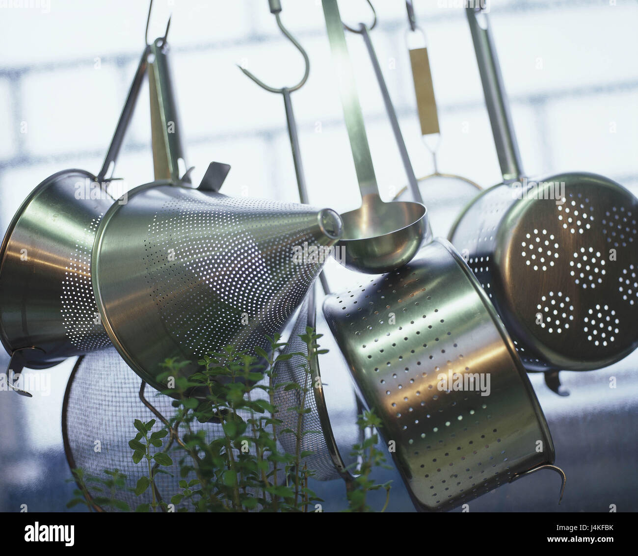 Culinary implements, culinary sieves, differently, oregano still life, object photography, sieves, creators, soup ladles, tennis racket, herb, culinary spice, gastronomy, cuisine, detail Stock Photo