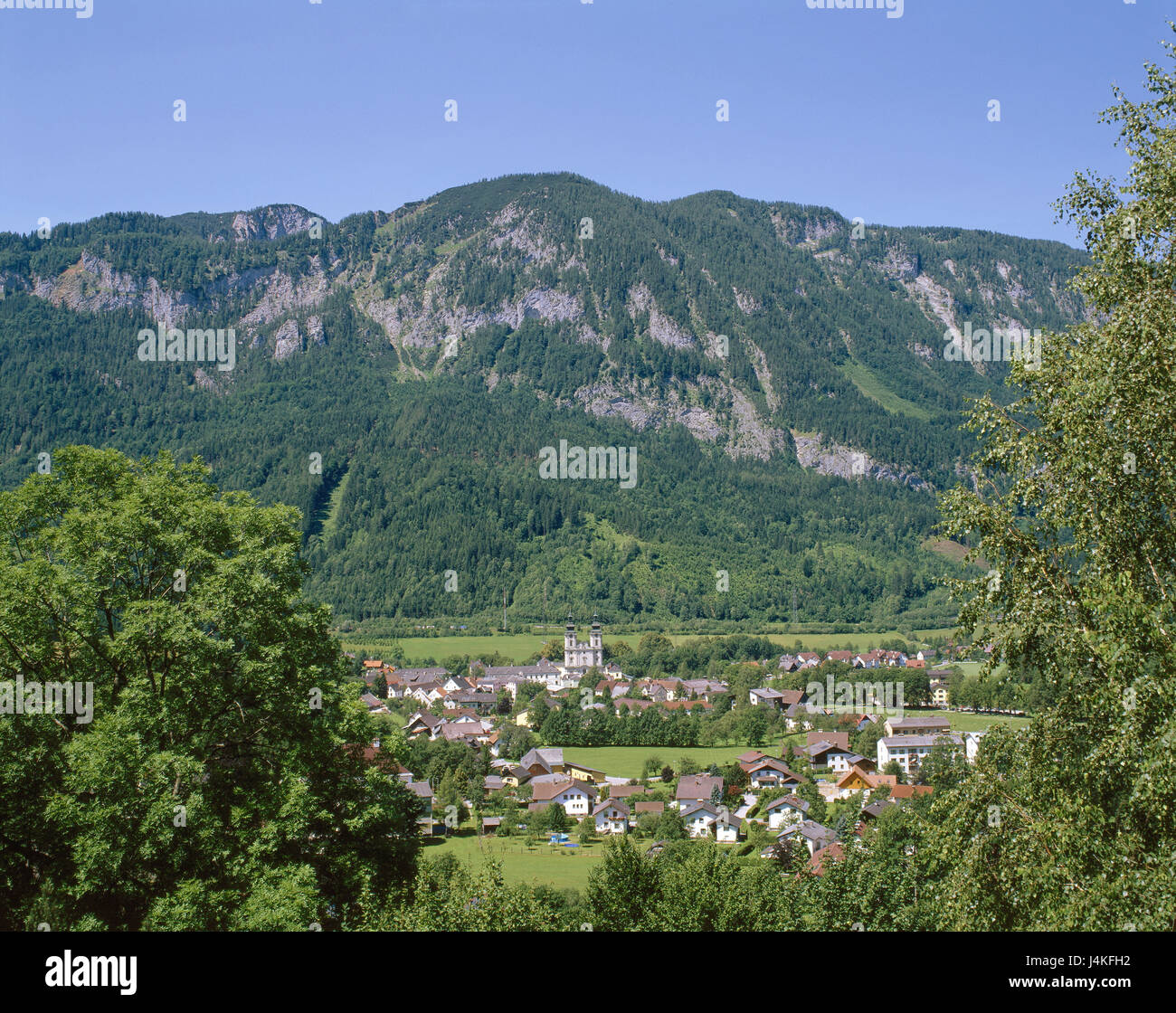 Austria, Eisenwurzen, hospital in the Phyrn, local view Europe, Upper Austria, foothills of the Alps, Pyhrn pen, hospital, church, cloister, minster, towers, steeples, background, mountains Stock Photo