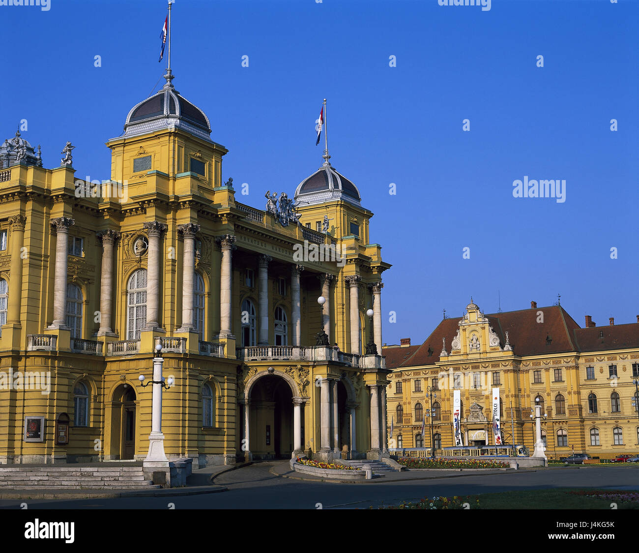 Croatia, Zagreb, Marshal Tito Platz, Croatian national theatre of Europe, Southeast Europe, Balkan Peninsula, town, capital, city, city centre, square, theatre square, building, structure, place of interest, architecture, builds in 1894 Stock Photo
