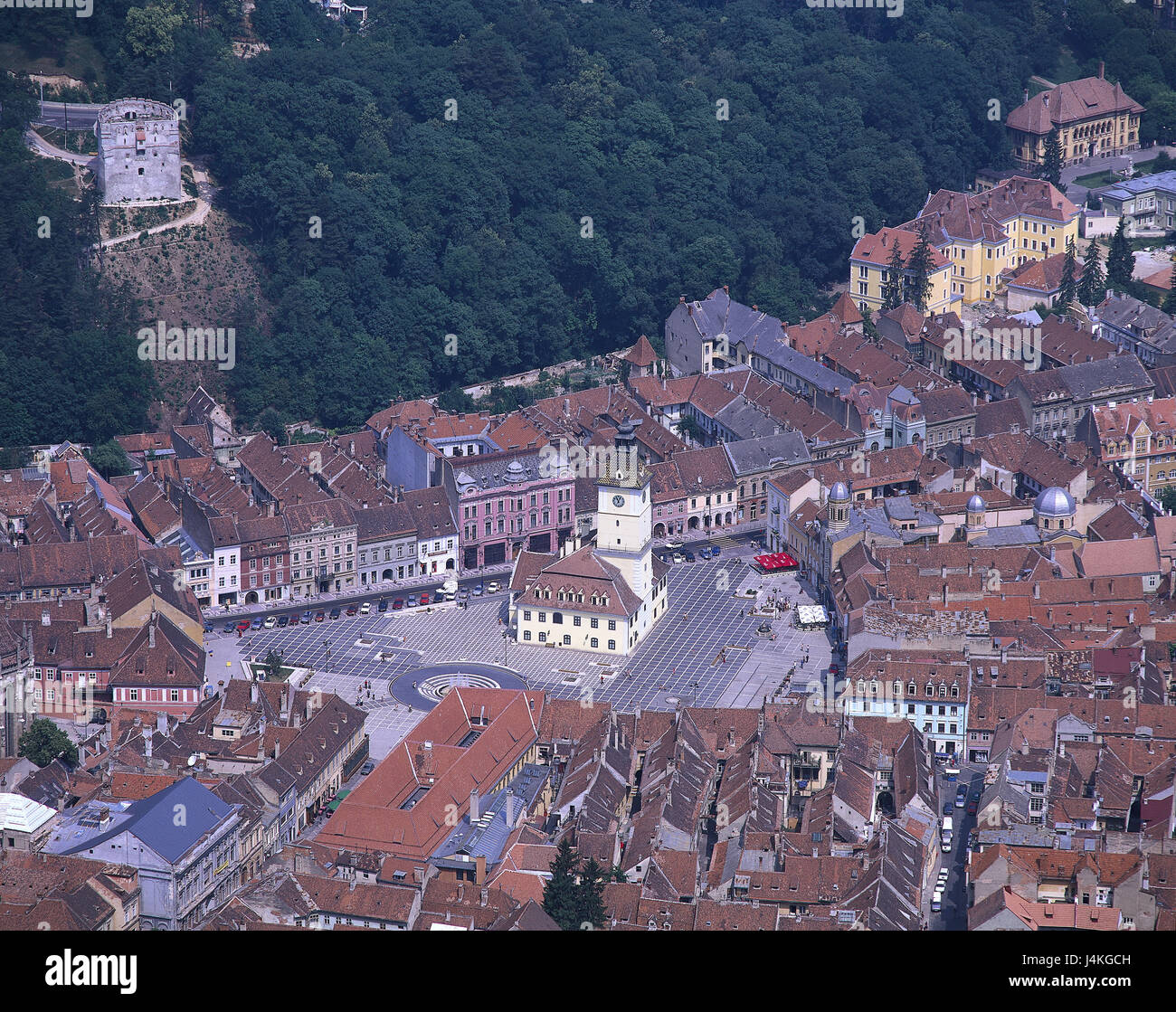 Romania, Brasov, town overview, Piata Sfatului, city hall Southeast Europe, the Balkans, south cirque godfather, Kronstadt, town, houses, marketplace, city hall building, Primaria, in 1420, building, structure, place of interest, from above Stock Photo