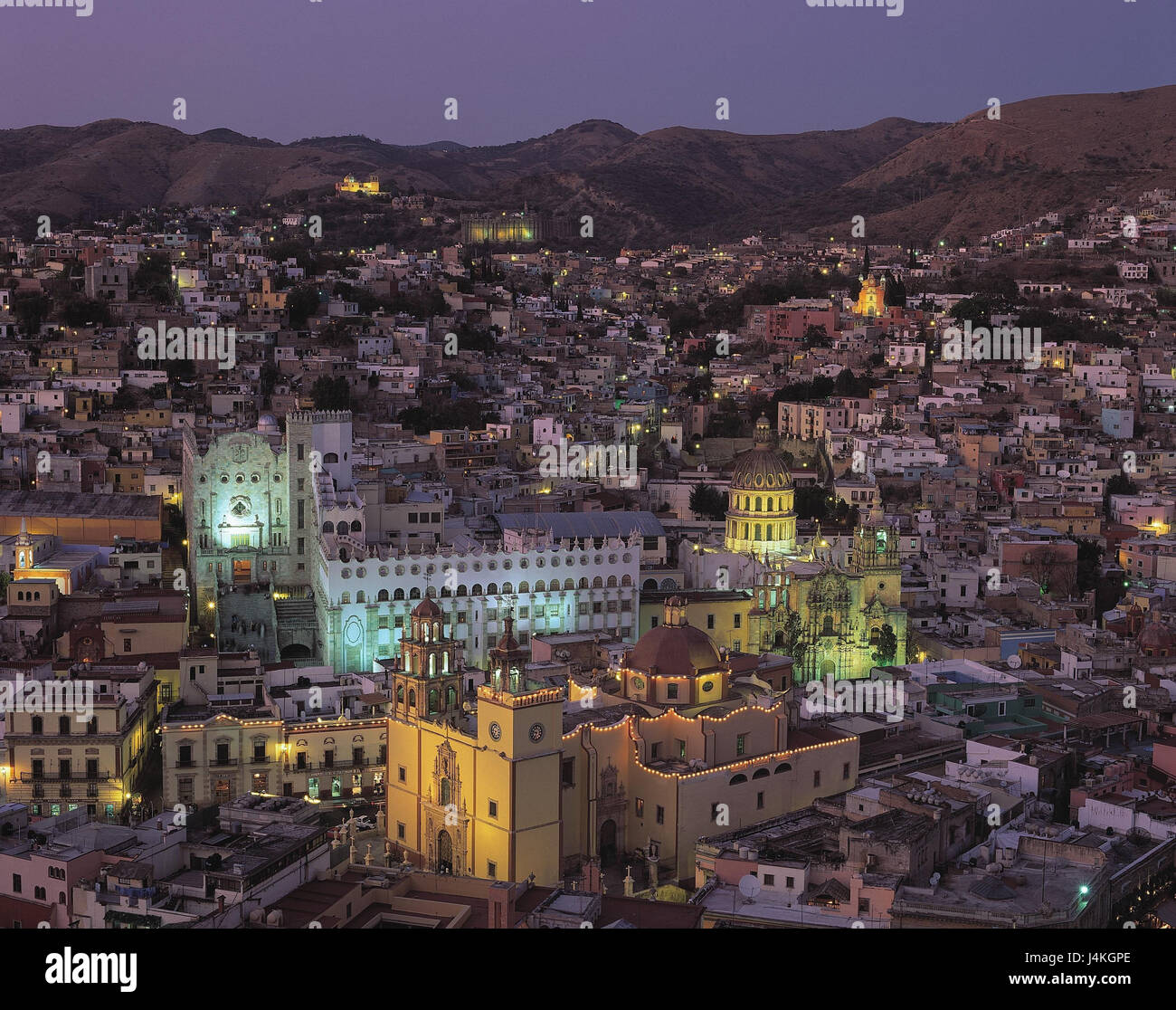 Mexico, Guanajuato town, town overview, night town, overview, university, lighting, houses, evening Stock Photo