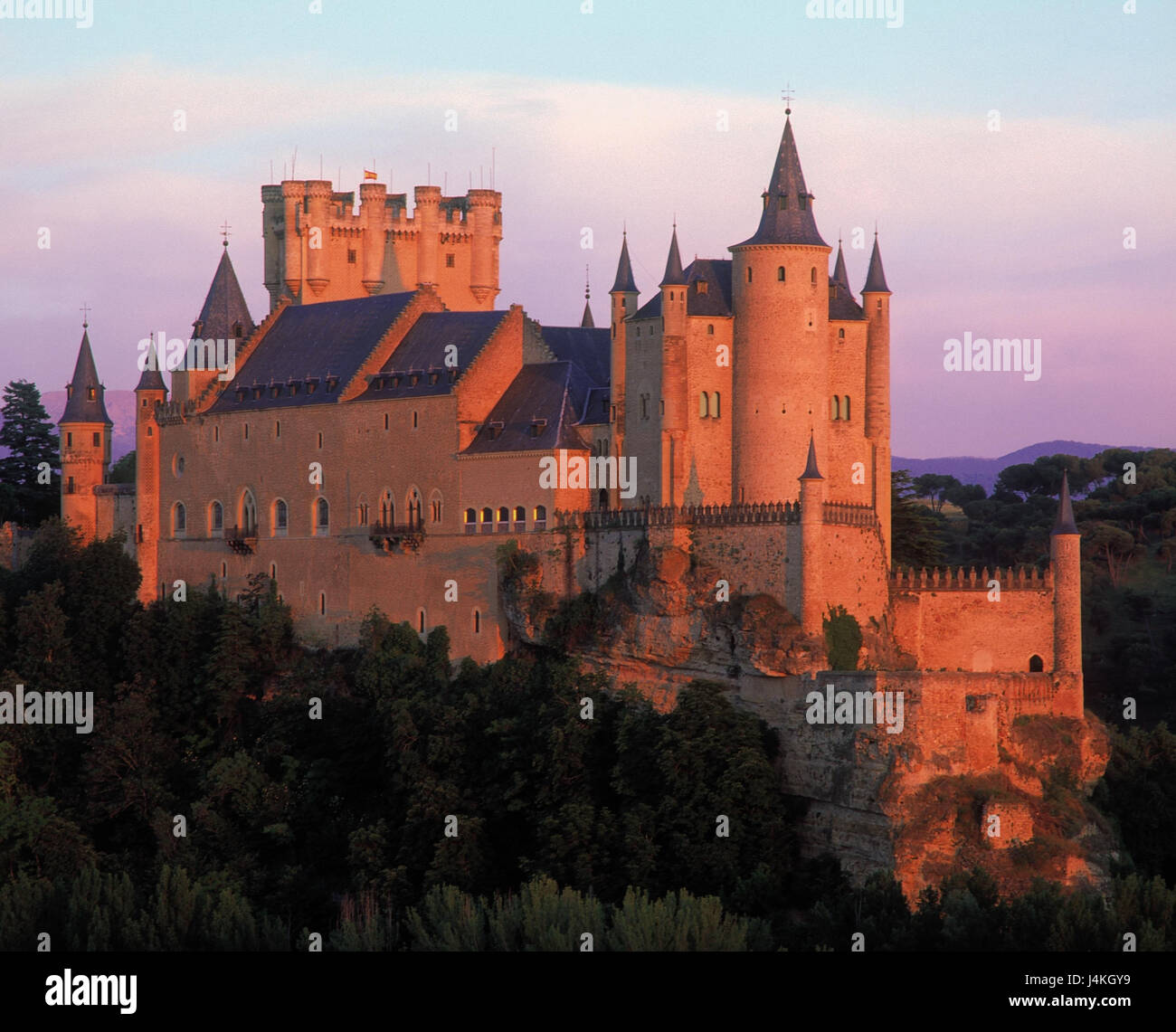 Spain, Castile, Segovia, castle Alcazar, evening light sundown, lock, region Castile and Leon, 11. Cent. inherit., 13. Cent. anew inherit., 16.-16 cent. erweritert Stock Photo