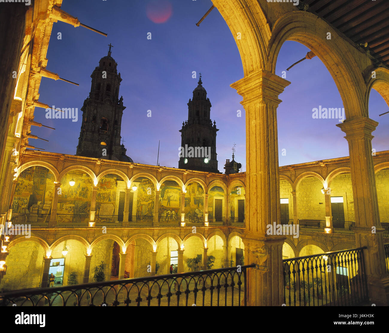 Mexico, Michoacan State, Morelia, Palacio del Gobierno, cathedral, detail, night structure, architecture, building, lighting, inner courtyard, arcades, tuning, evening tuning, round arches, inner courtyard Stock Photo