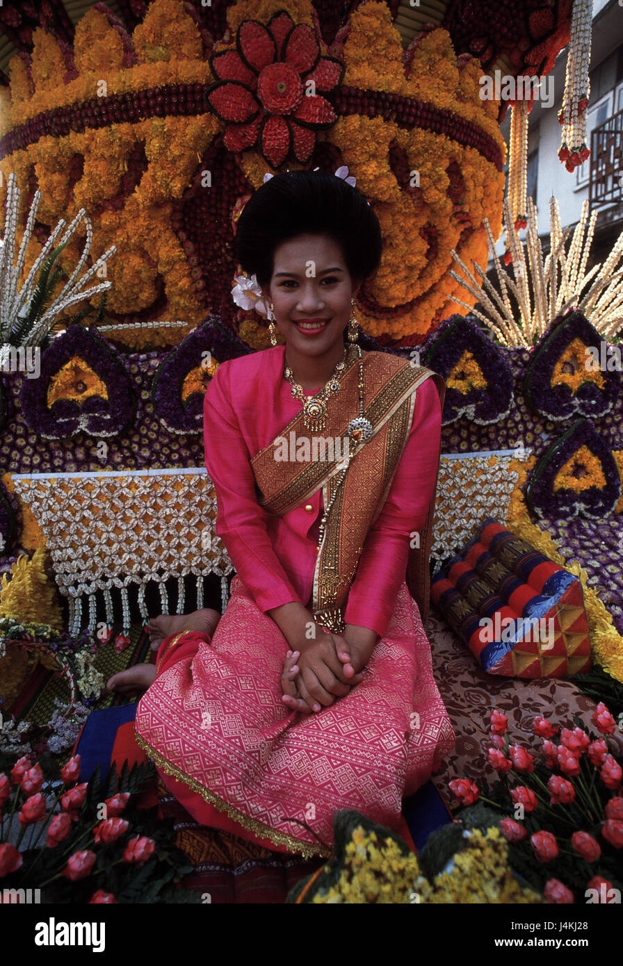 Thailand, Chiang May, flower feast, fixed carriage, detail, Thai procession, folklore, feast, February, woman, young, clothes, festively, traditionally Stock Photo