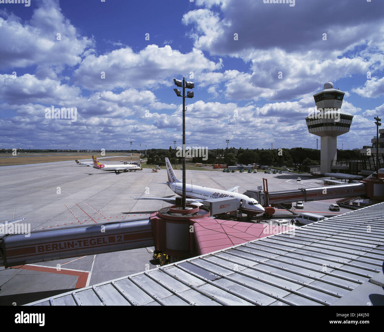 Germany, Berlin, Tegel, airport, Tower, rolling trajectory, airplanes, overview, no property release, Europe, town, capital, airport grounds, airport terminal, air liners, air traffic, transportation of human beings, transport, fly, promotion, travel, journey by air, means of transportation, traffic airplane, civil aviation, tourism Stock Photo
