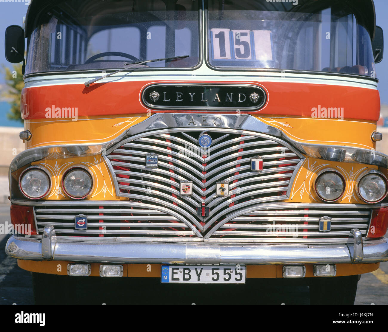 Island Malta, coach, Leyland, AEC, front view, detail island state, Mediterranean island, Maltese islands, bus, regular bus, public transit, publicly, vehicle, personal transport, means of transportation, passenger traffic, old-timer, typically, bonnet, windscreen, radiator grille Stock Photo