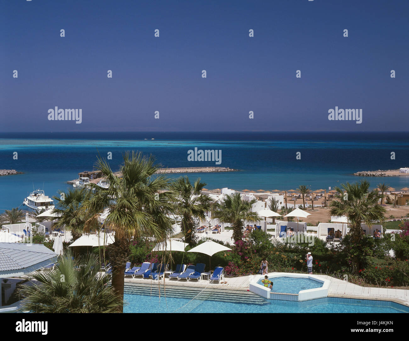 Egypt, Hurghada, the Red Sea, hotel facility, swimming pool holiday's attachment, hotel, Hilton, hotel beach, beach, overview, overview, black sea, vacation, beach holiday, tourist, tourism Stock Photo