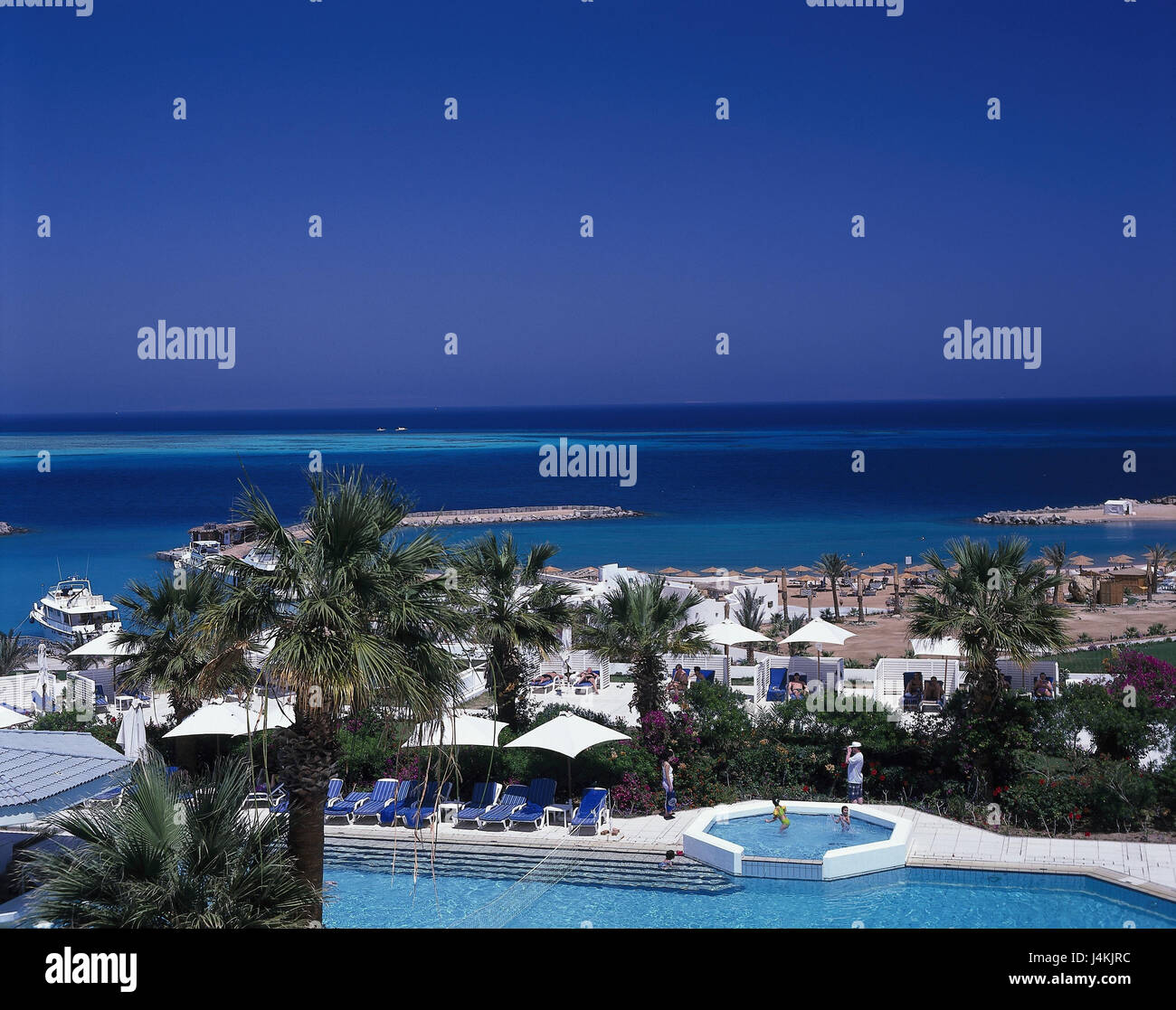 Egypt, Hurghada, the Red Sea, hotel facility, swimming pool outside, holiday's attachment, hotel, Hilton, hotel beach, beach, overview, overview, sea, vacation, beach holiday, tourist, tourism Stock Photo