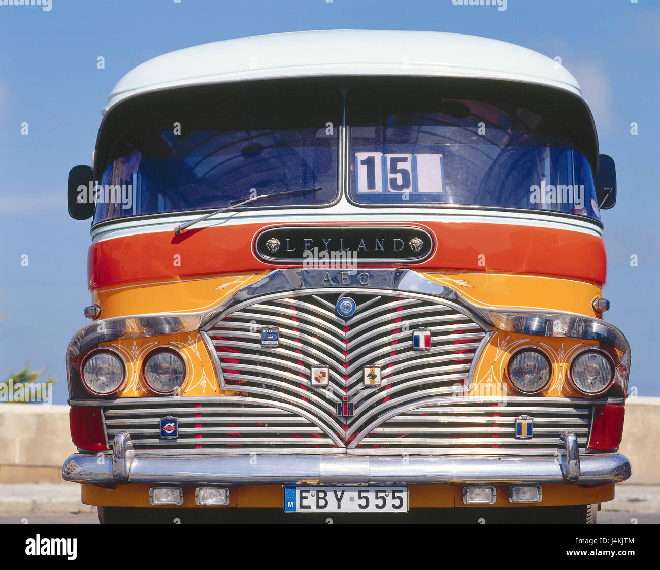 Island Malta, coach, Leyland, AEC, front view island state, Mediterranean island, Maltese islands, bus, regular bus, public transit, publicly, vehicle, personal transport, means of transportation, passenger traffic, old-timer, typically, bonnet, windscreen, radiator grille Stock Photo