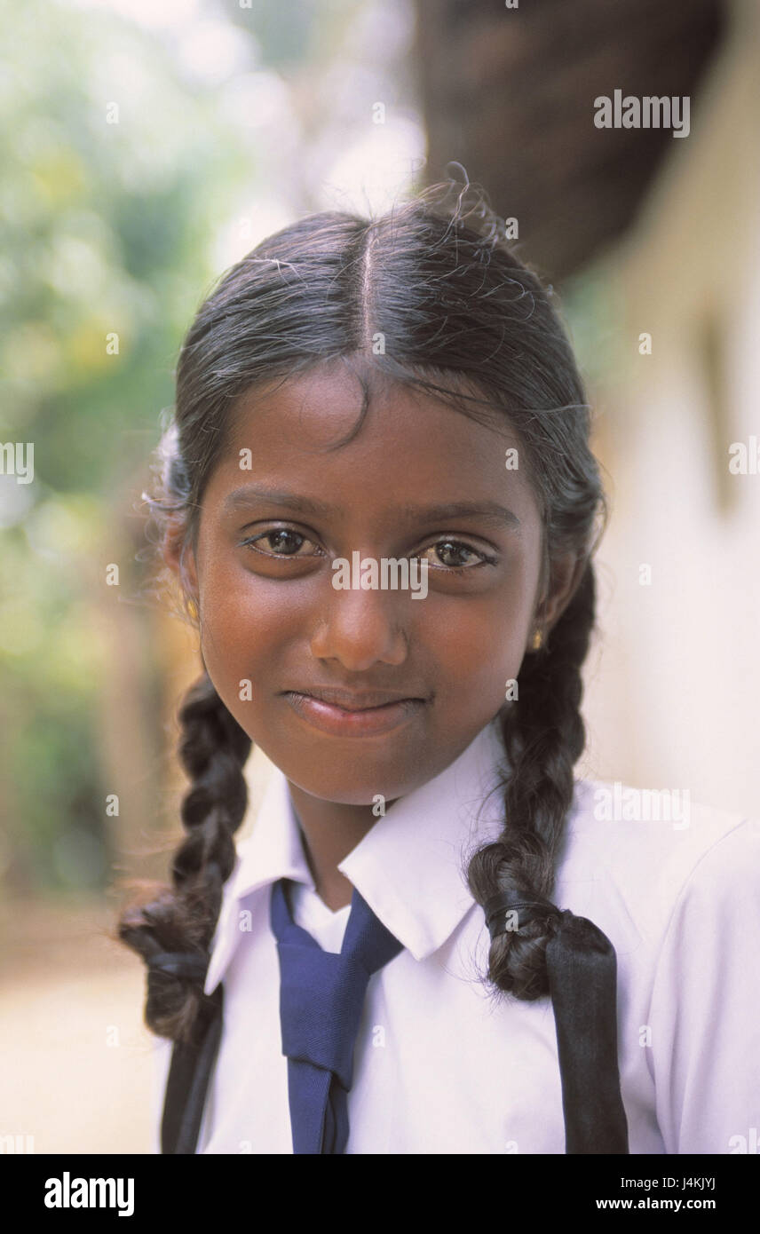 Sri Lanka, Ahangama, school girl, smile, portrait Asia, South Asia, island  state, Sri Lanka Prajatantrika Samajavadi Janarajaya, island, south coast,  girl, swarthy, Sri-Lankerin, child, school child, dark-haired, long-haired,  hairstyle, plaits, school ...