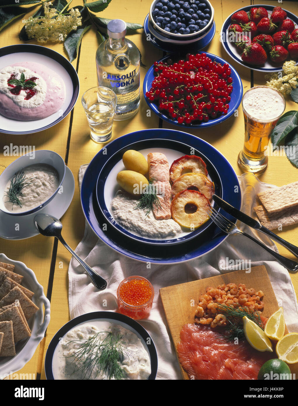 Dishes, drinks, in Swedish, specialities still life, object photography, foods, food, fish dishes, fish, salmon, shrimps, cranberries, fruit, par bailiff, dessert, main meal, hors-d'oeuvre, caviar, vodka, beer, alcohol, alcoholic Stock Photo