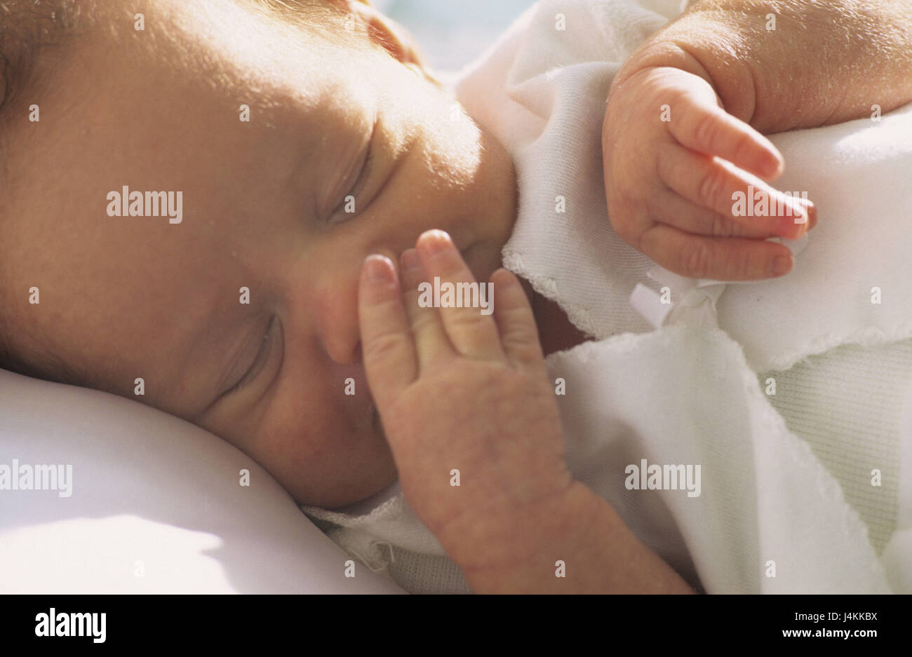 Newborn child, sleep, detail child, small, baby, infant, look, gesture, hands, lie, rest page position, fallen asleep, dream, peacefully, softly, vulnerable, curled, inside, sleep, conception, childhood, fatigue, détente, rest, after-lunch sleep, rest, security, innocence, Stock Photo