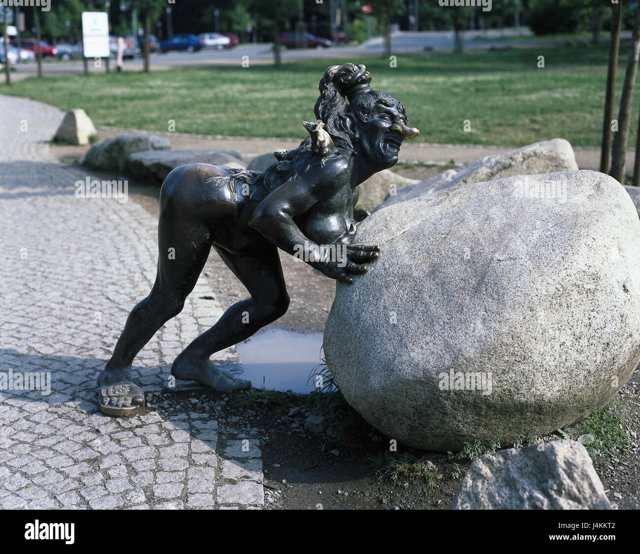 Germany, Saxony-Anhalt, Thale, nature reserve resin, witch's dance floor, witch's ring, sculpture, 'witch' Quedlinburg, popular place for outings, destination, resin, artist, Jochen Müller, bronze character, character, art, rock, erratic block, place of interest, tourism, outside Stock Photo