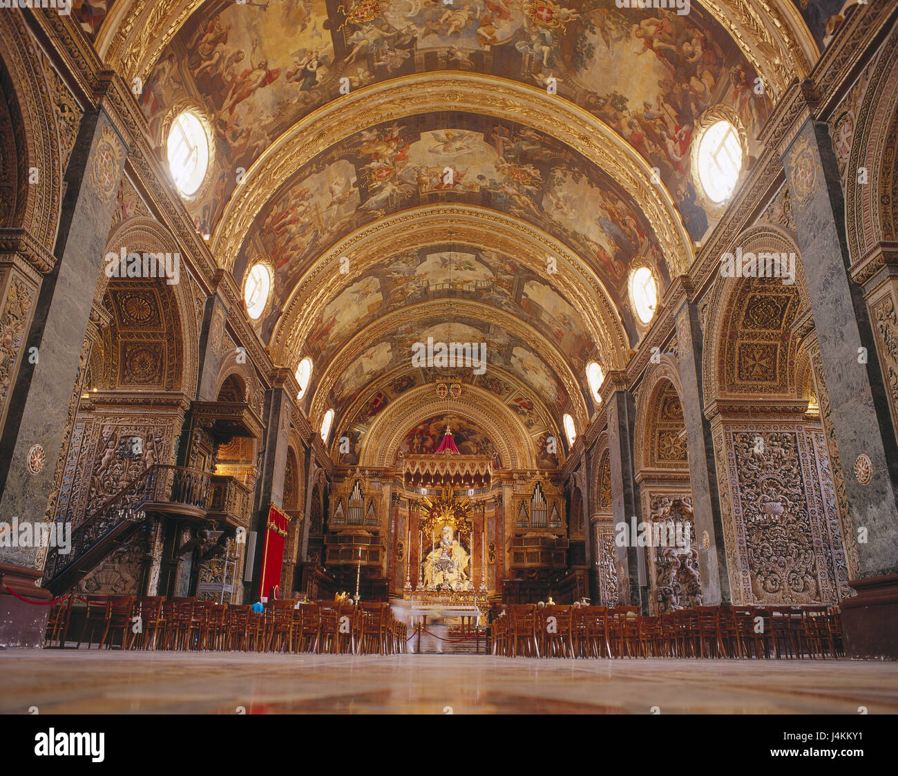 Island Malta, La Valetta, St. John's cathedral, interior view, seating, ceiling fresco island state, Mediterranean island, town, capital, il-Belt Valletta, city centre, Old Town, place of interest, church, structure, building, sacred construction, St. John's co-cathedral, builds in 1573 - in 1577, UNESCO-world cultural heritage, interior design, round arches, paintings Stock Photo