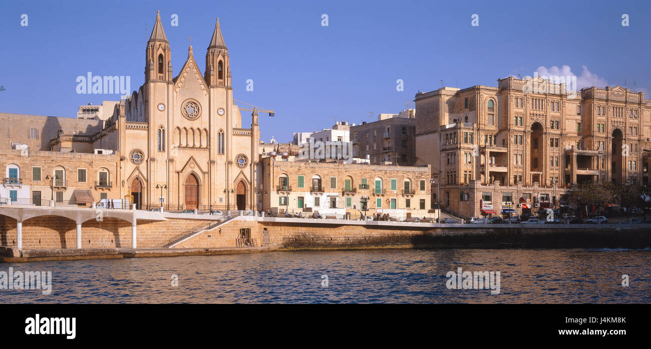 Island Malta, Sliema, cathedral, Our lady Church island state, Mediterranean island, the Mediterranean Sea, town, place of interest, Balluta Bay, sea, church, sacred construction, architecture, houses, promenade Stock Photo
