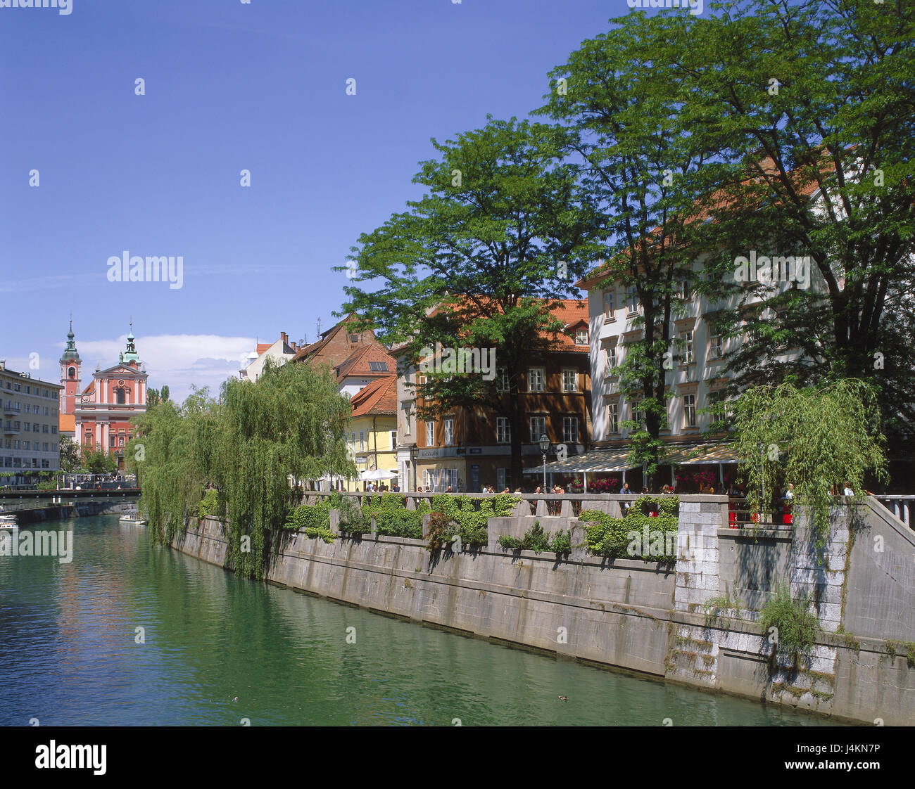 Slovenia, Ljubljana, city centre, flux Ljubljanica, street cafes, Franciscan's church Europe, Republika Slovenija, Ljubljana, town, capital, city, part of town, centre, promenade, cafes, passers-by, background, church, sacred construction, structure, architecture, place of interest Stock Photo
