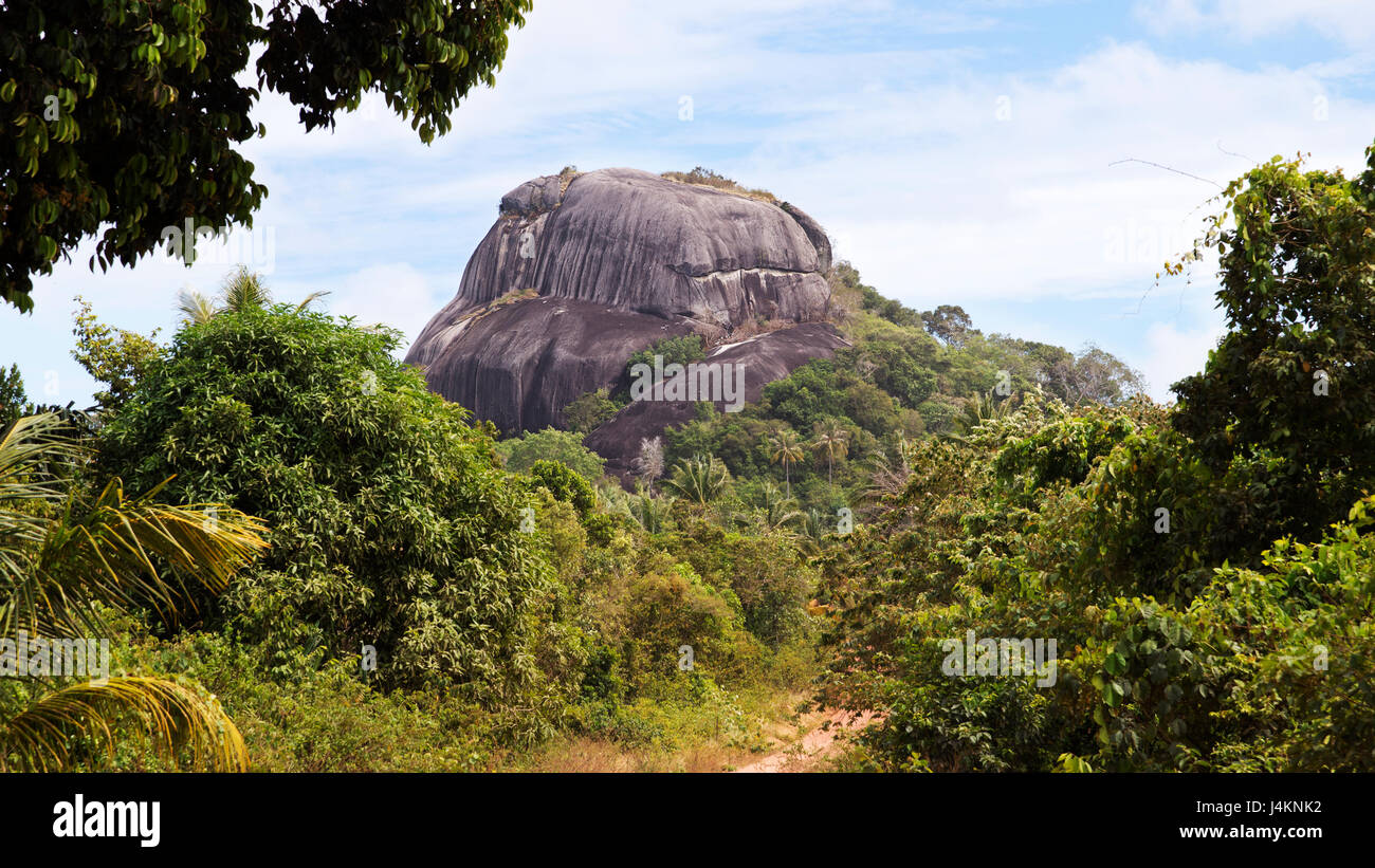Big black rock in between green vegetation at midday and nobody around on the island Belitung, Indonesia. Stock Photo