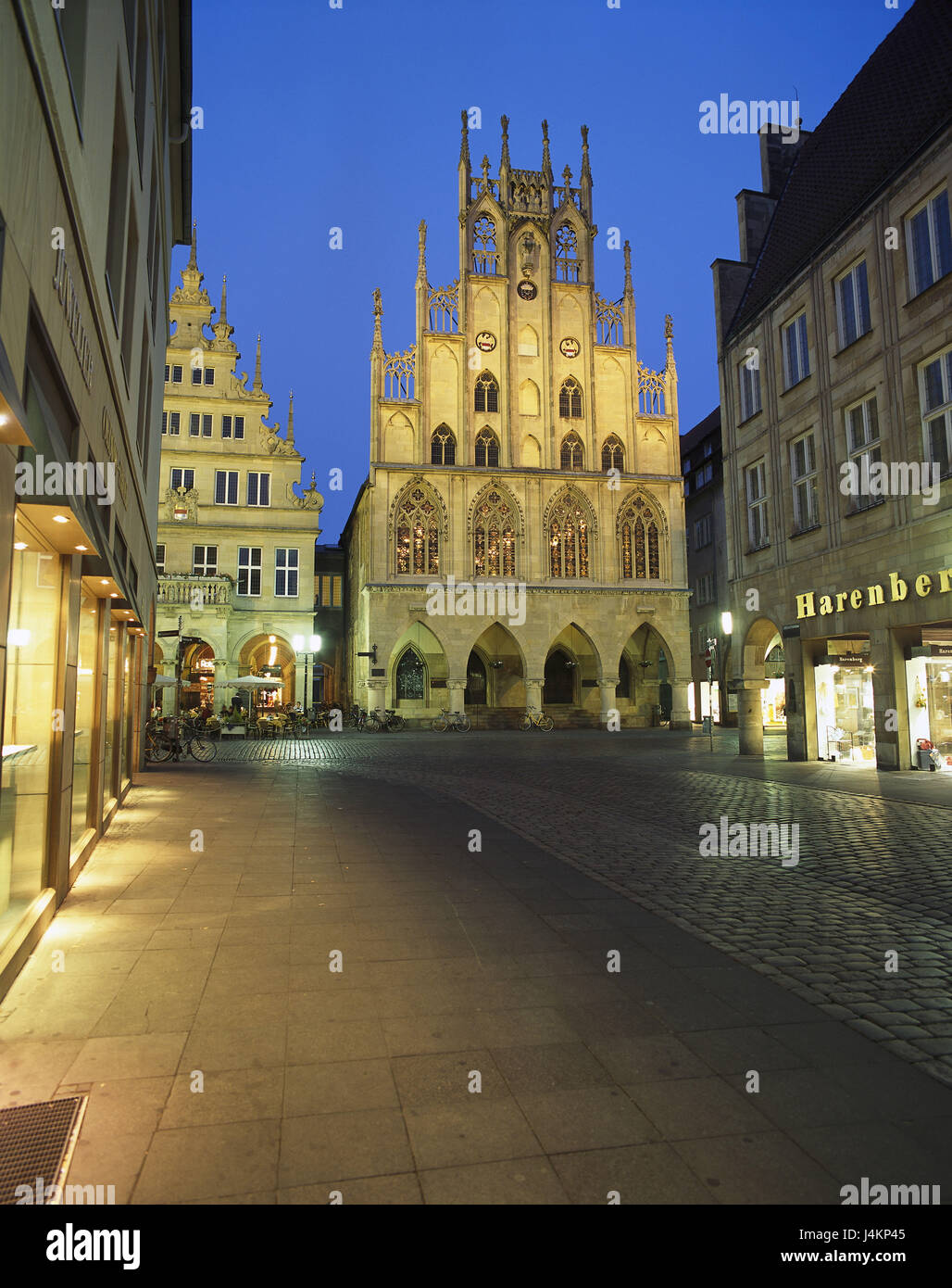 Germany, North Rhine-Westphalia, Münster, theatre director's market, town wine tavern, in 1615 - 16, lighting, evening Europe, town, centre, Marktstrasse, shopping street, pedestrian area, shops, buildings, structure, Renaissance, architectural style, architecture, place of interest, evening tuning Stock Photo