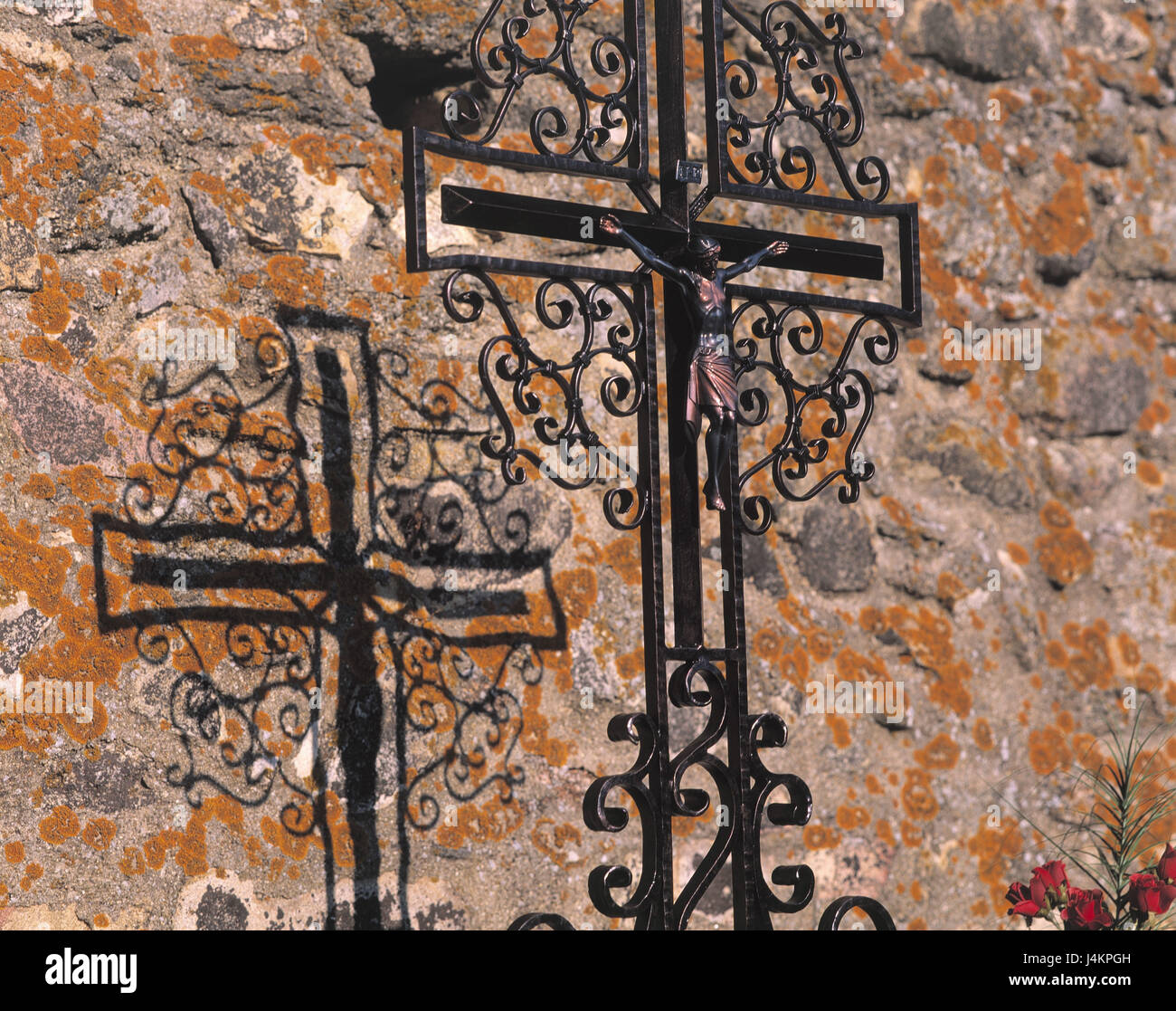Austria, Lower Austria, forest fourth, brook Frieders, cemetery, defensive wall, cross, shade Europe, cemetery defensive wall, stone defensive wall, lichens, covered, tomb cross, tomb, iron cross, smith-iron, forged, ornament, sample, silhouette, faith, religion, Christianity Stock Photo
