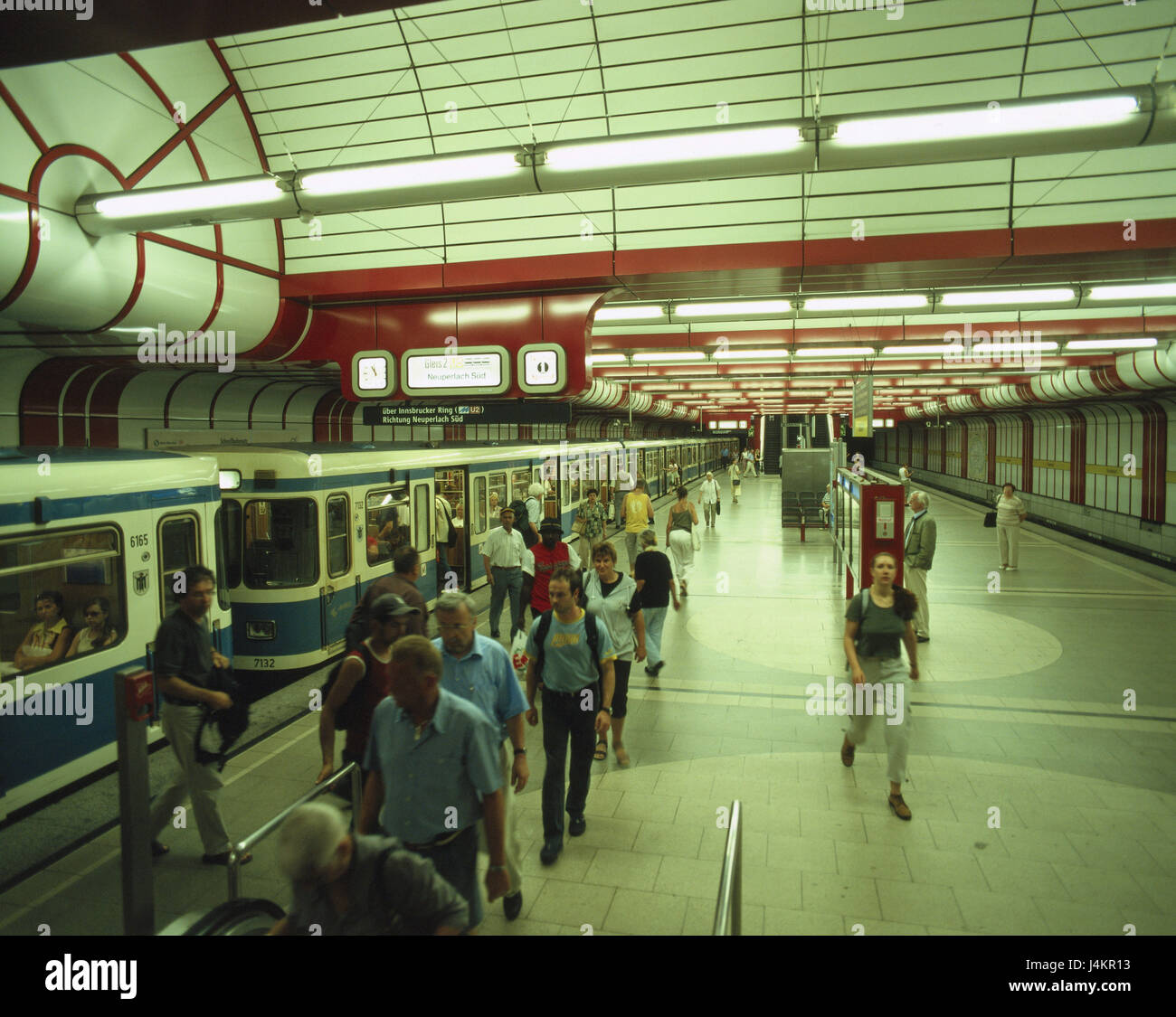 Germany, Bavaria, Munich, east railway station, underground station, trains, passengers Europe, South Germany, Upper Bavaria, state capital, town, city, traffic network, traffic facility, public transit, publicly, short-distance traffic, passenger traffic, stop, underground stop, underground, underground, subsoil, platform, passengers Stock Photo