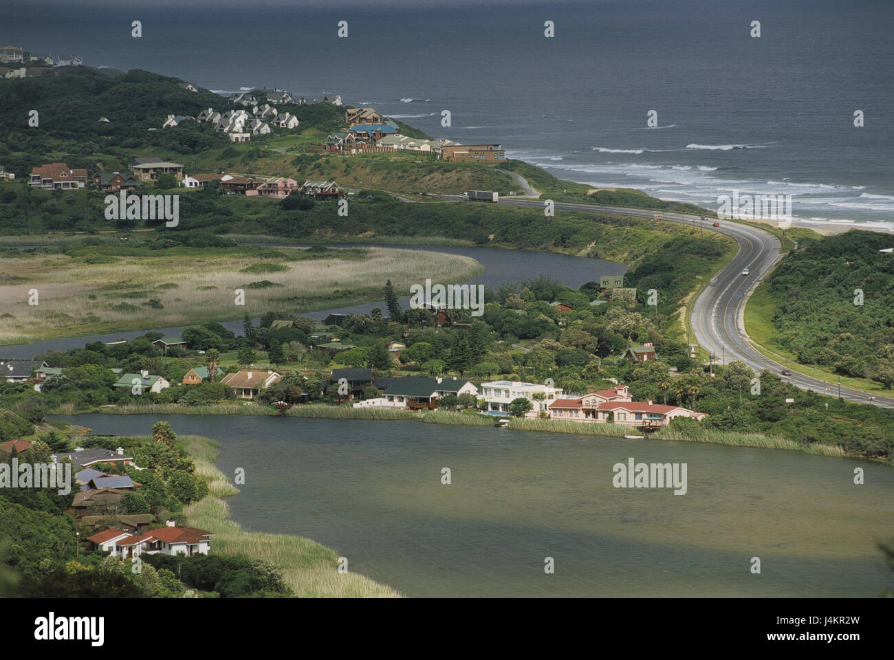 South Africa, western cape, guards route, Wilderness, local overview RSA, Africa, South Africa, west cape, west cape country, coast, coastal scenery, scenery, overview, Indian ocean, sea, place, place, houses, residential houses, place of interest, destination, Küstenstrasse, wetland, view, Stock Photo